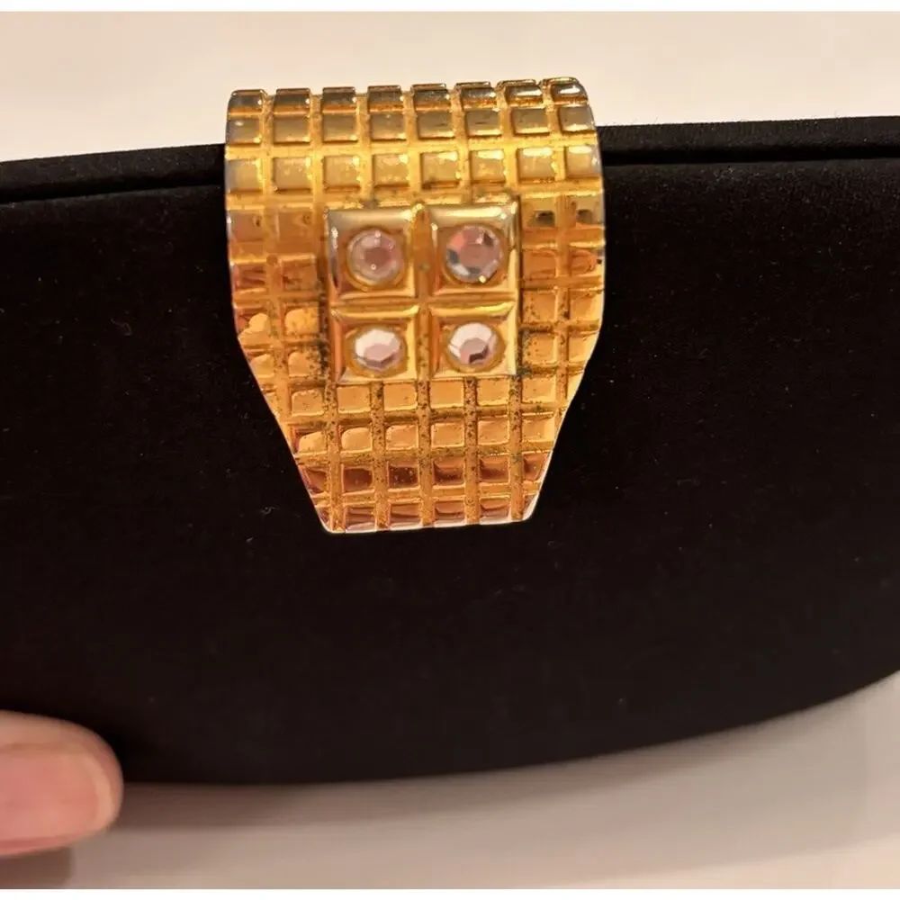 RODO Italy Satin Black Hard Shell Gold Chain Handbag Clutch Rhinestone Clasp EUC